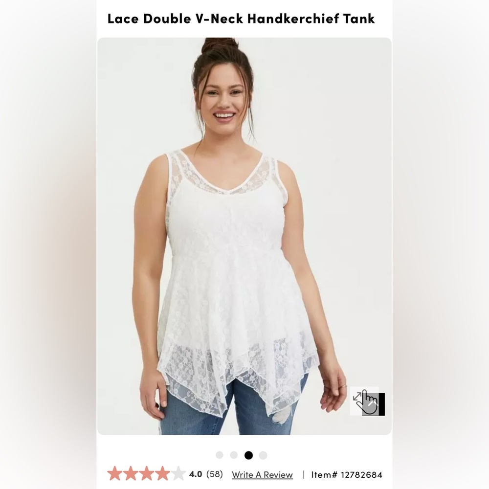 NWT Torrid White Lace Double V-Neck Handkerchief Tank/ size 00 10 M-L